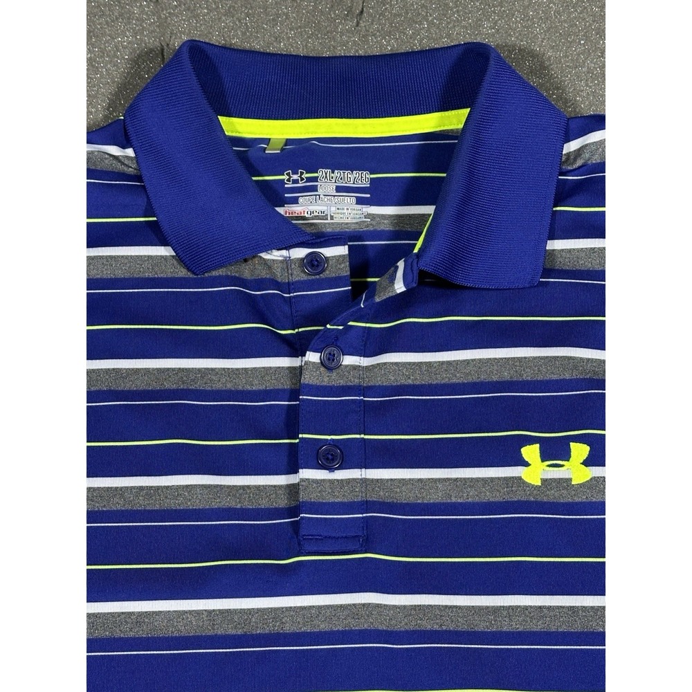 Men's Under Armour Heat Gear Loose Blue/Green/White Striped 2XL Polo